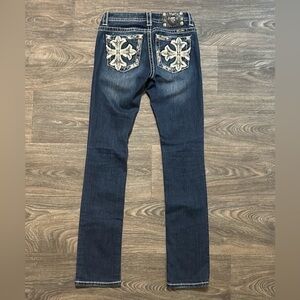 Miss Me SZ 25 Mid-rise Straight Leg Jeans Dark Wash Cross Rhinestones Biker Y2K